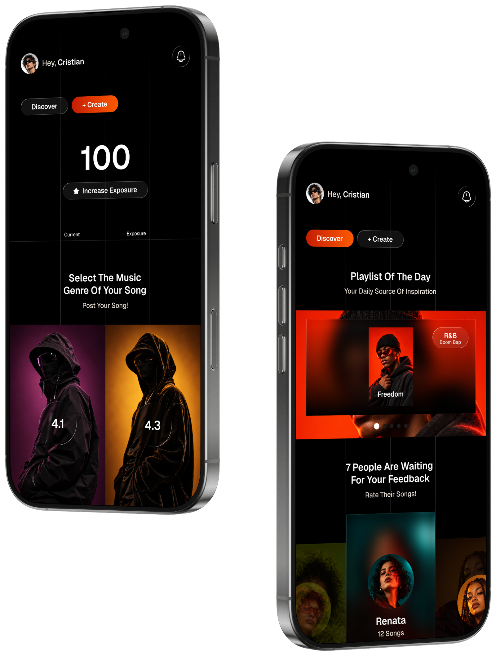 Two phones: the home screen with an exposure score of 100, and the Discover screen with the Playlist of the Day