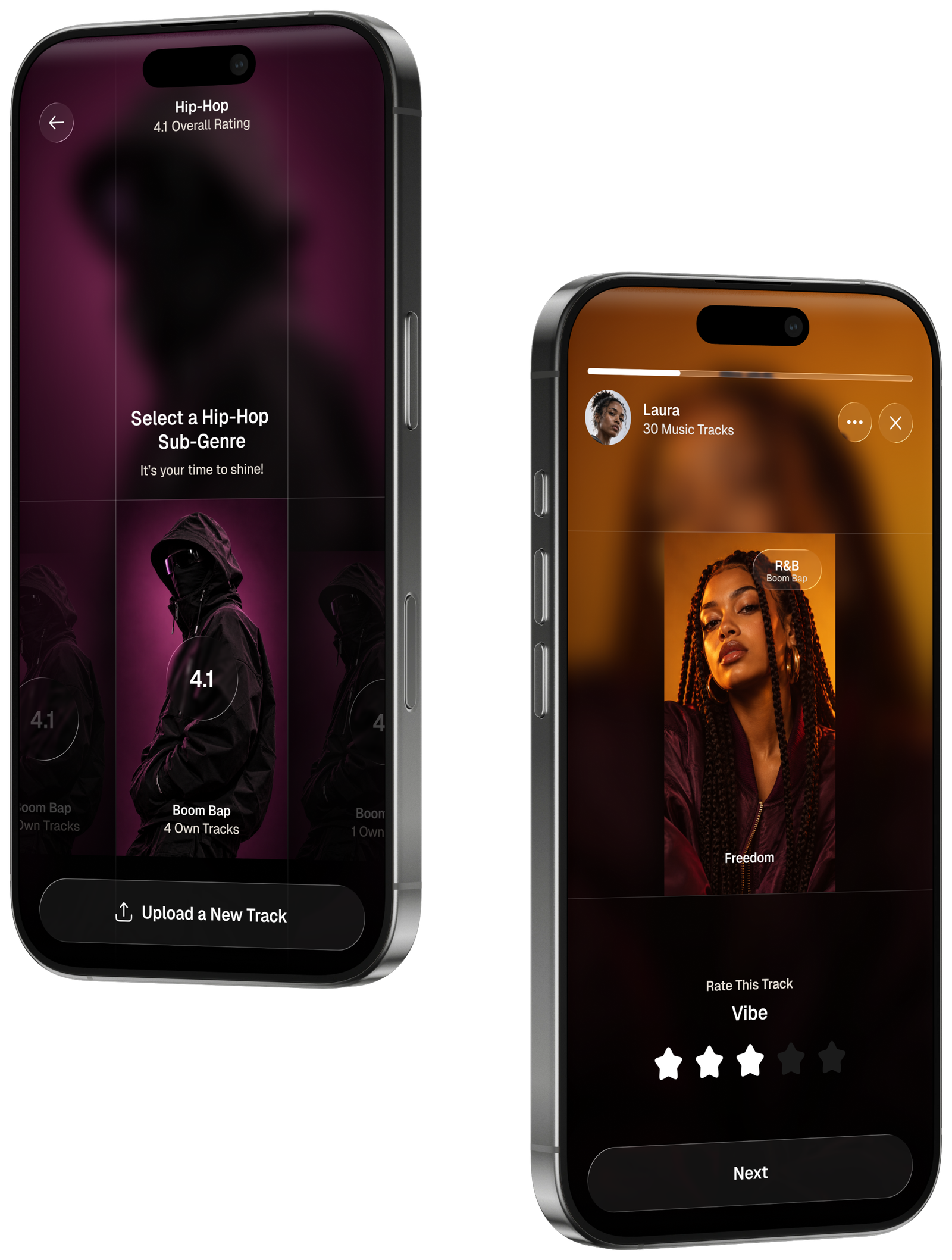 Two phones: the Hip-Hop sub-genre screen with a 4.1 rating, and the Rate This Track screen with a star rating